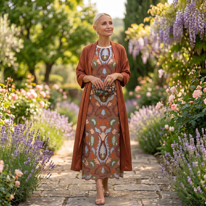 Aura | Abito Lungo Stampato con Gilet Coordinato