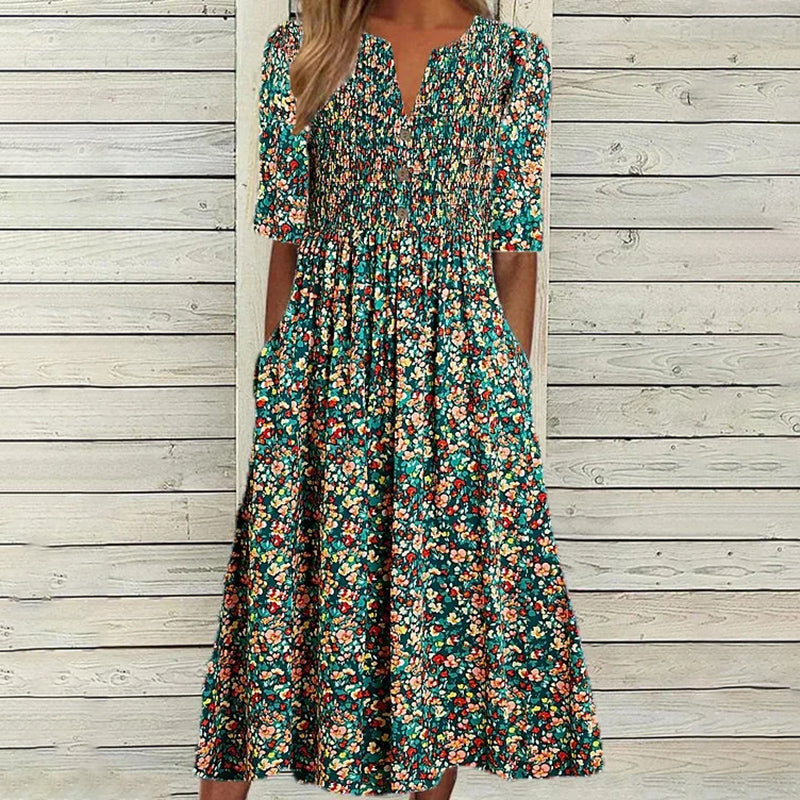 TRICIA | ELEGANT FLORAL TUMMY-COVERAGE MIDI DRESS