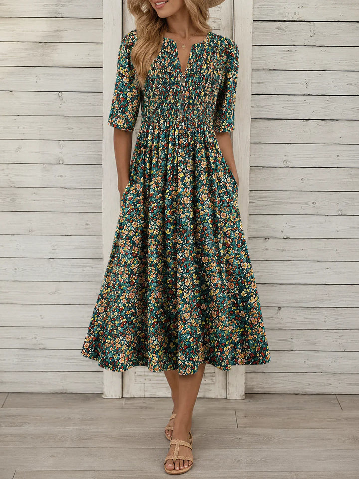 TRICIA | ELEGANT FLORAL TUMMY-COVERAGE MIDI DRESS