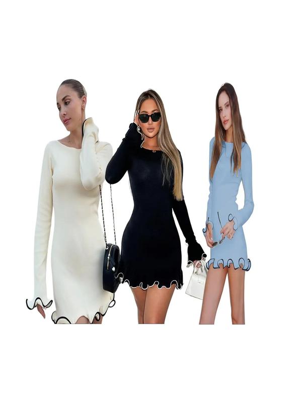 SARAH™ - Elegant Colorblock Wave Hem A-Line Long Sleeve Dress