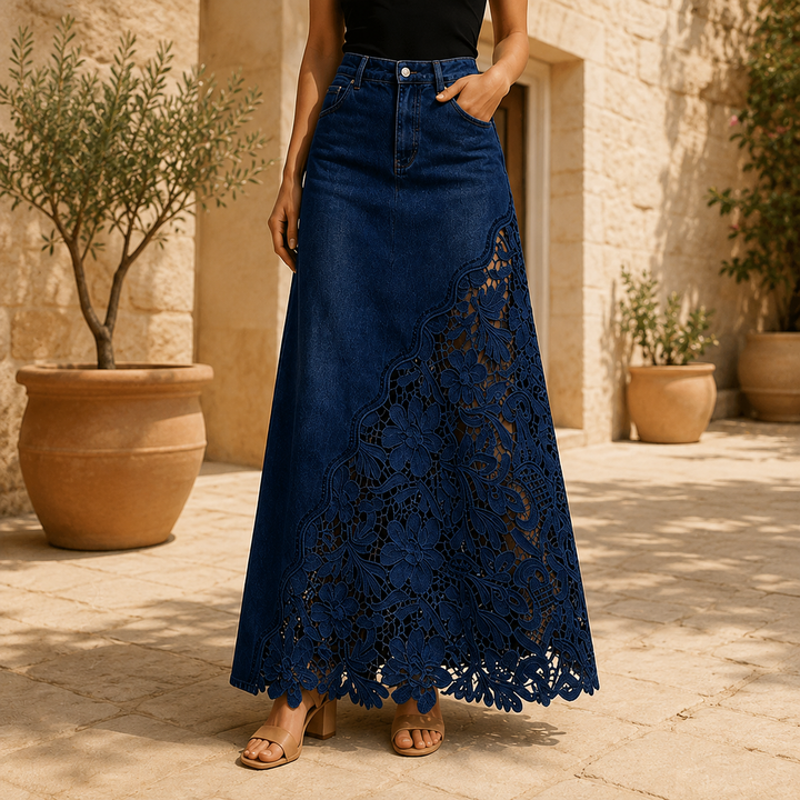 Gonna Maxi in Denim con Pizzo Solenne