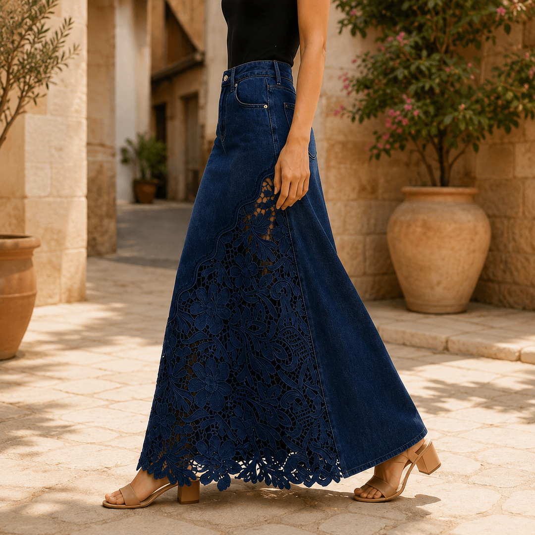 Gonna Maxi in Denim con Pizzo Solenne