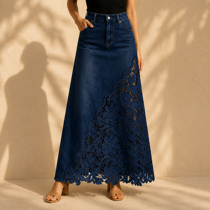 Gonna Maxi in Denim con Pizzo Solenne