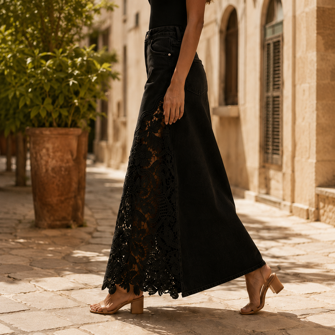 Gonna Maxi in Denim con Pizzo Solenne