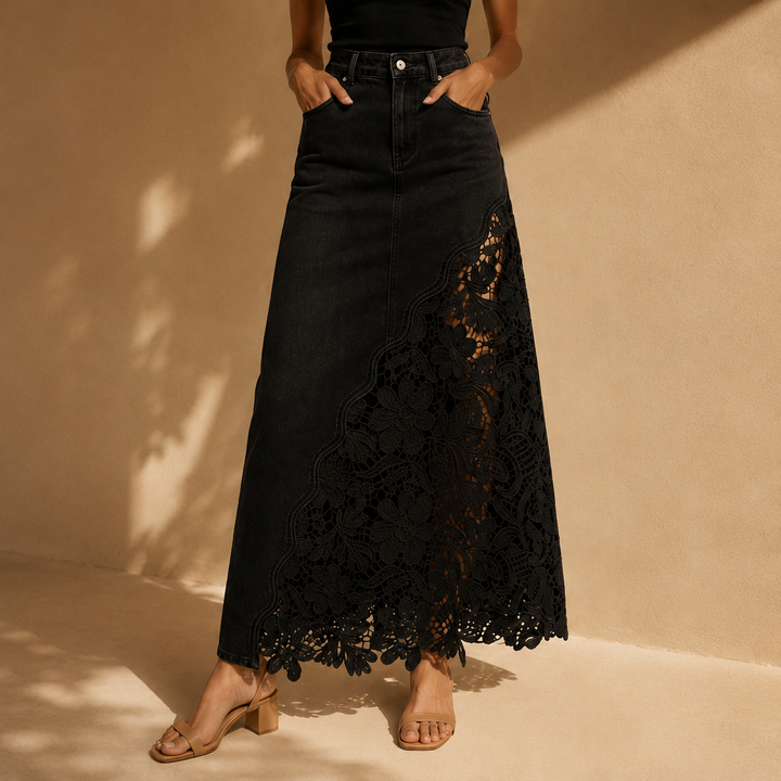 Gonna Maxi in Denim con Pizzo Solenne
