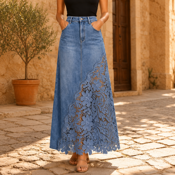 Gonna Maxi in Denim con Pizzo Solenne