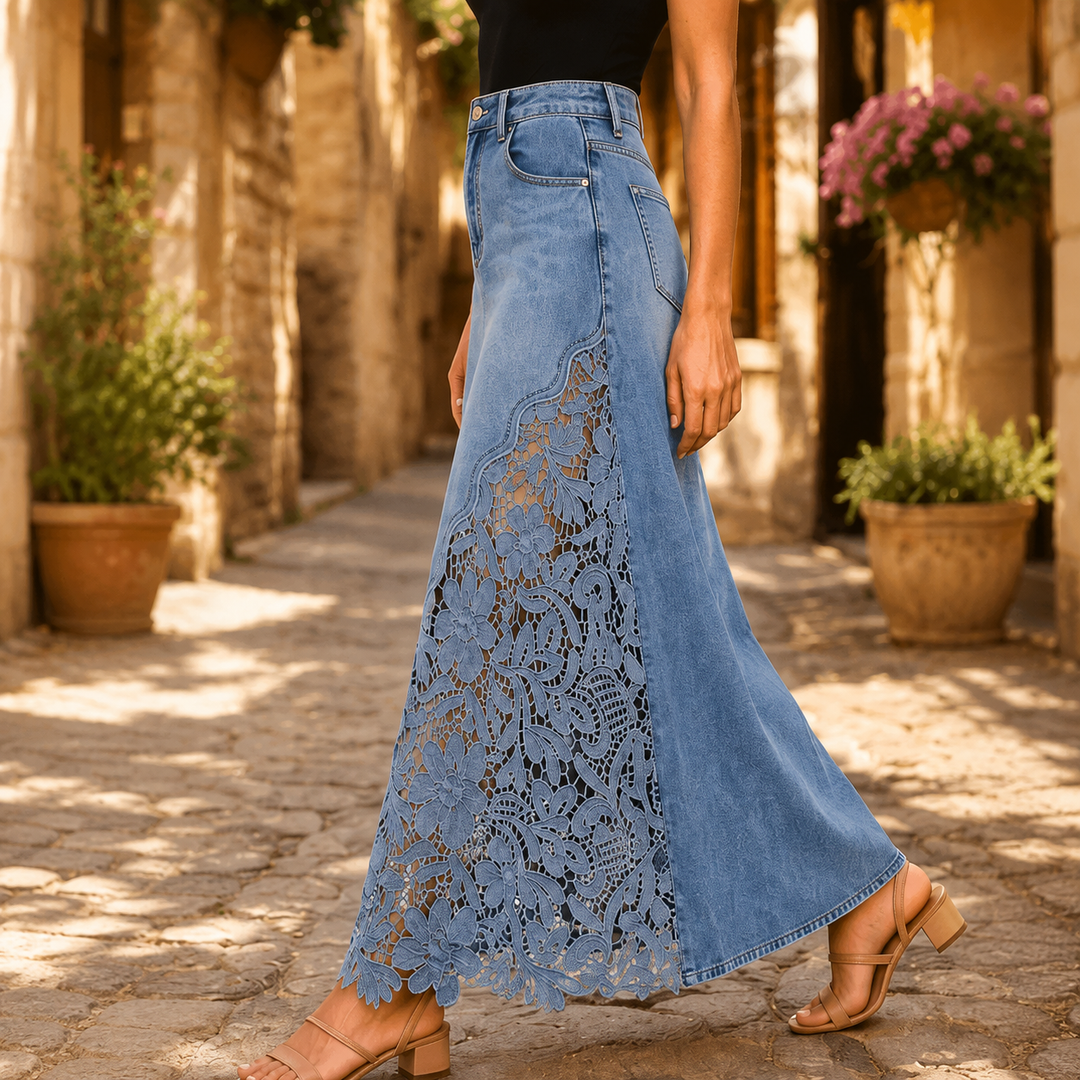 Gonna Maxi in Denim con Pizzo Solenne
