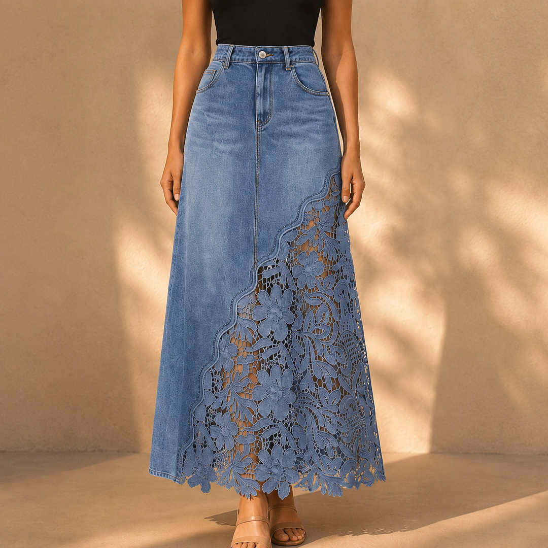 Gonna Maxi in Denim con Pizzo Solenne