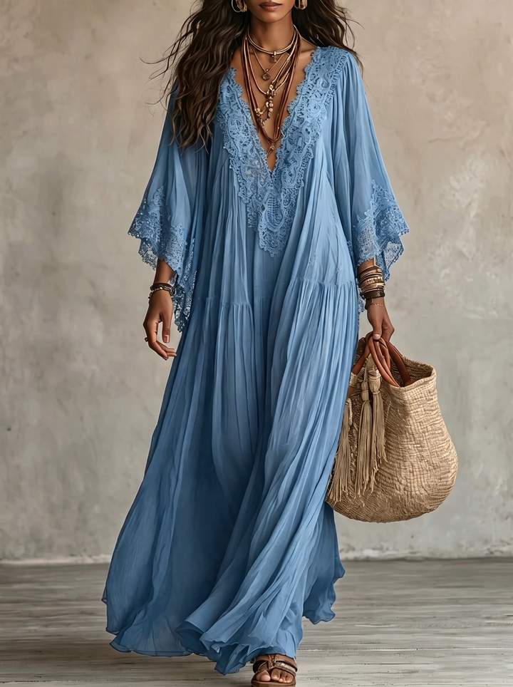 Abito Maxi Boho con Maniche Larghe e Ricami | Bella di Roma