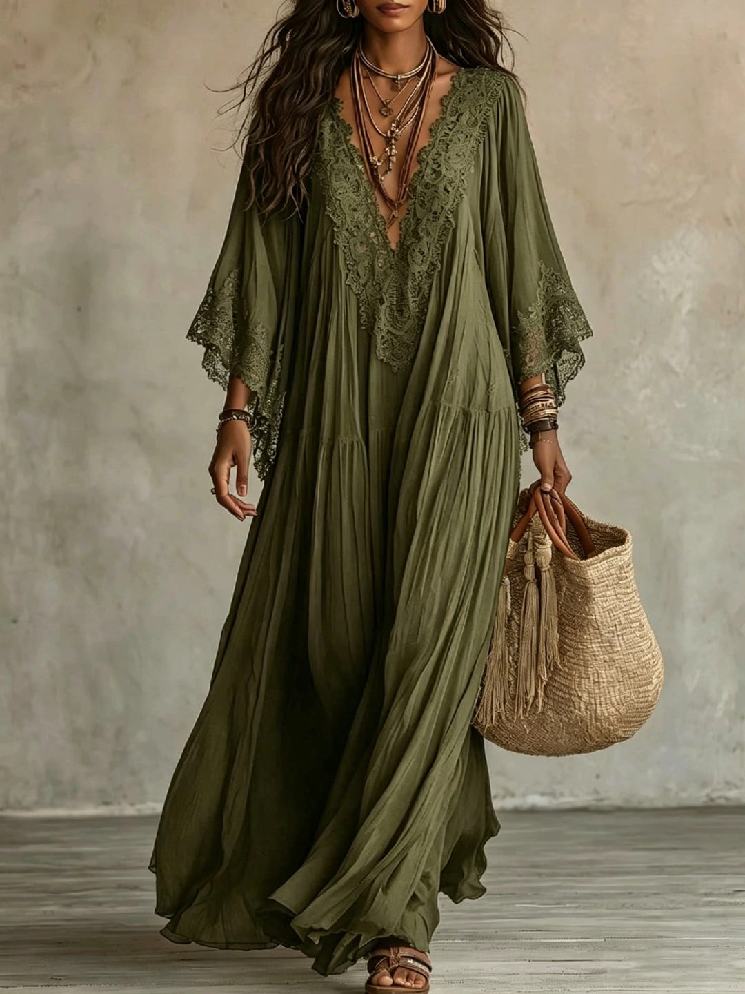 Abito Maxi Boho con Maniche Larghe e Ricami | Bella di Roma