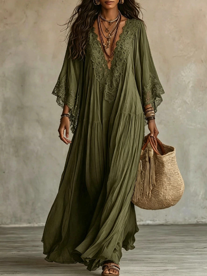 Abito Maxi Boho con Maniche Larghe e Ricami | Bella di Roma