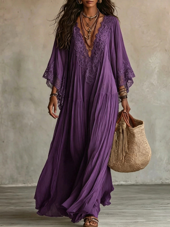 Abito Maxi Boho con Maniche Larghe e Ricami | Bella di Roma
