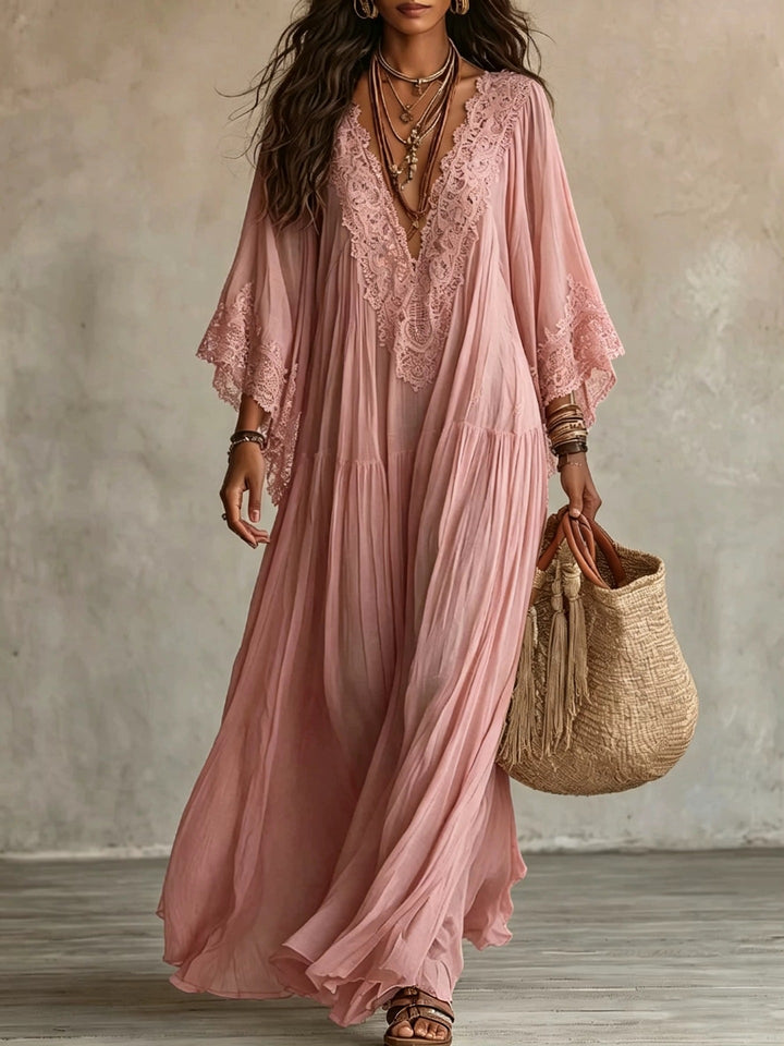 Abito Maxi Boho con Maniche Larghe e Ricami | Bella di Roma