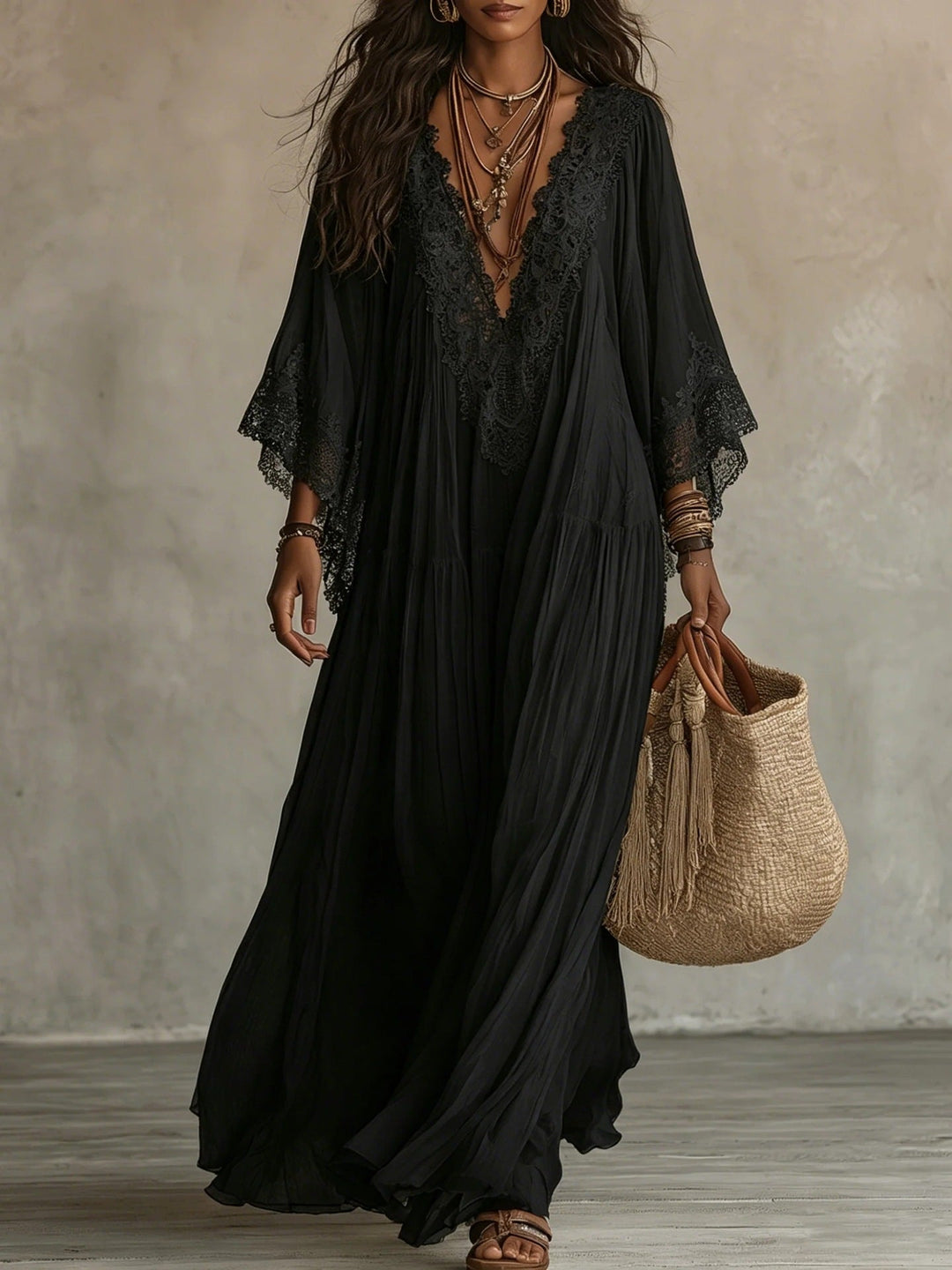 Abito Maxi Boho con Maniche Larghe e Ricami | Bella di Roma