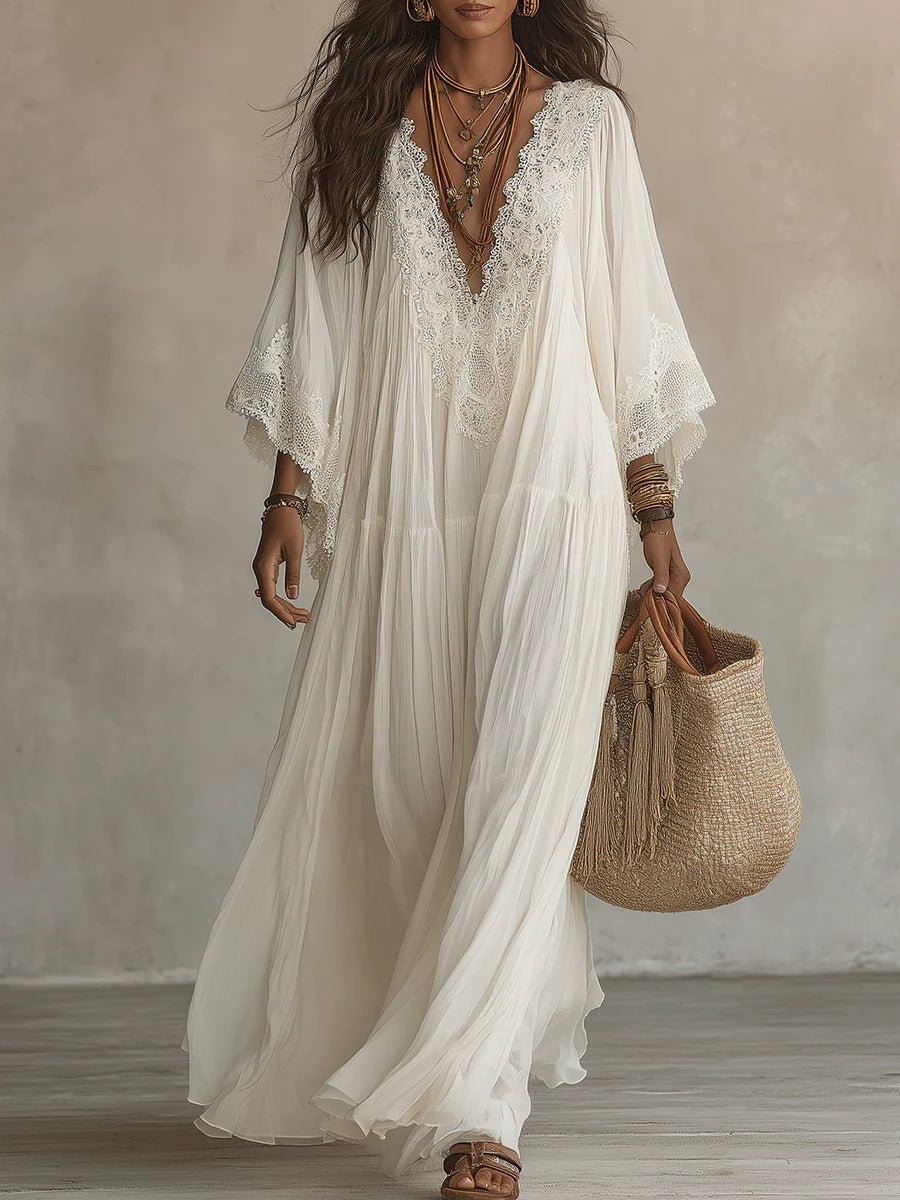 Abito Maxi Boho con Maniche Larghe e Ricami | Bella di Roma