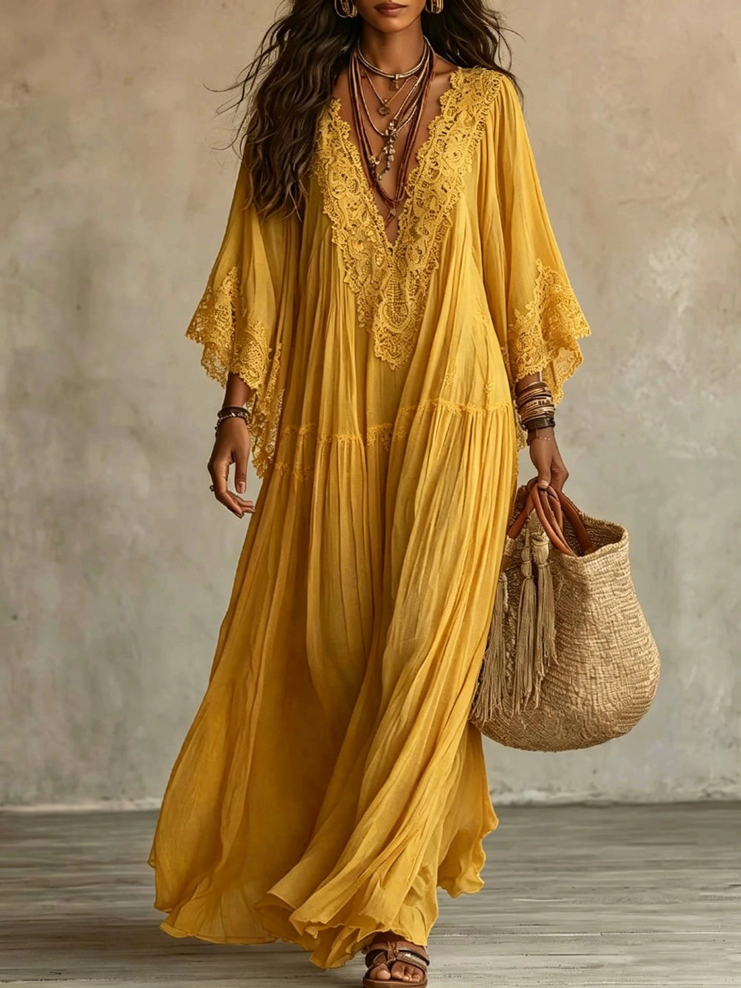 Abito Maxi Boho con Maniche Larghe e Ricami | Bella di Roma