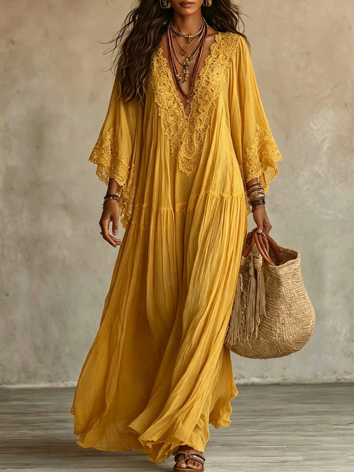 Abito Maxi Boho con Maniche Larghe e Ricami | Bella di Roma