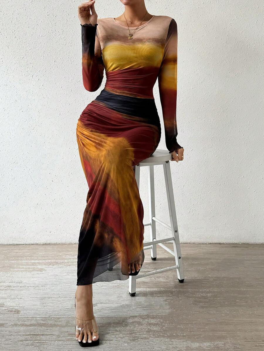 JULIA™ - Comfy Printed Long Sleeve Round Neck Bodycon Maxi Dress