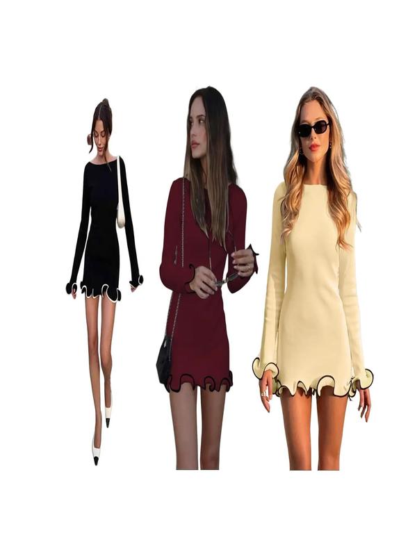 SARAH™ - Elegant Colorblock Wave Hem A-Line Long Sleeve Dress