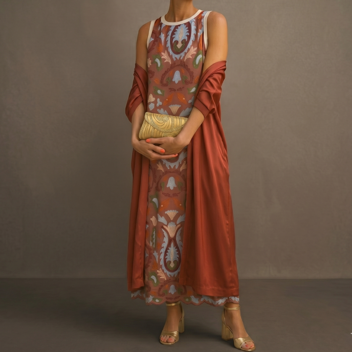 Aura | Abito Lungo Stampato con Gilet Coordinato