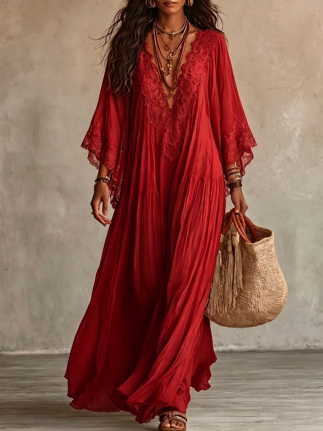 Abito Maxi Boho con Maniche Larghe e Ricami | Bella di Roma