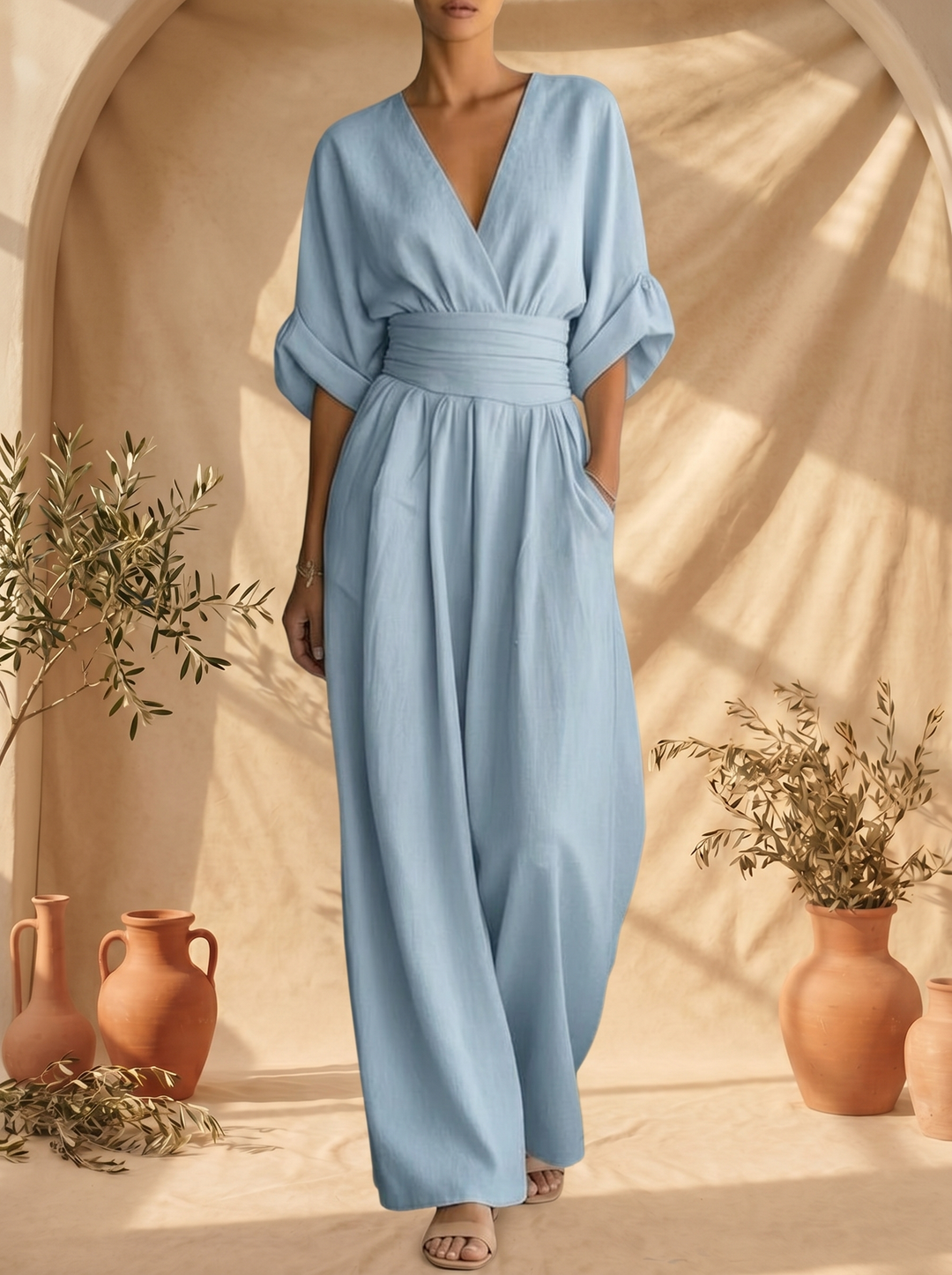 Elegante Tuta con Scollo a V e Vita Alta
